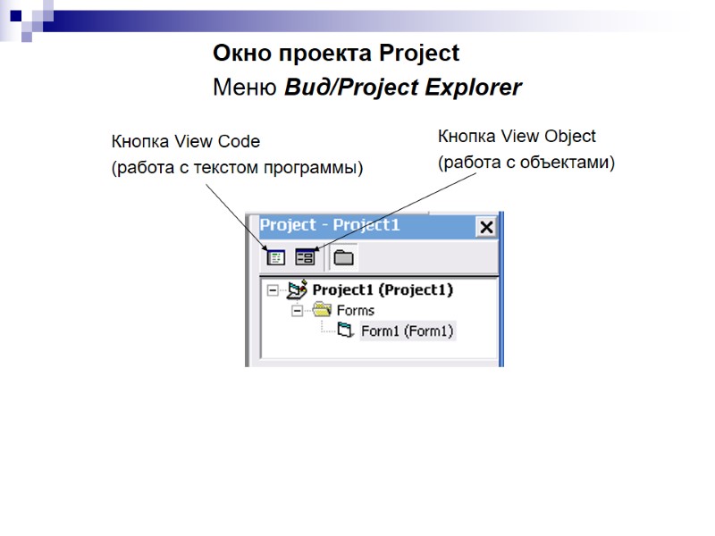Окно проекта Project Меню Вид/Project Explorer Кнопка View Code (работа с текстом программы) Кнопка